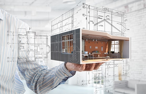 Room model with planning design sketches in background